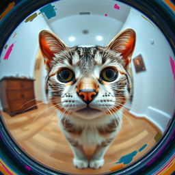 A close-up image of a cat looking directly at the camera through a mirror