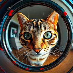 A close-up image of a cat looking directly at the camera through a mirror