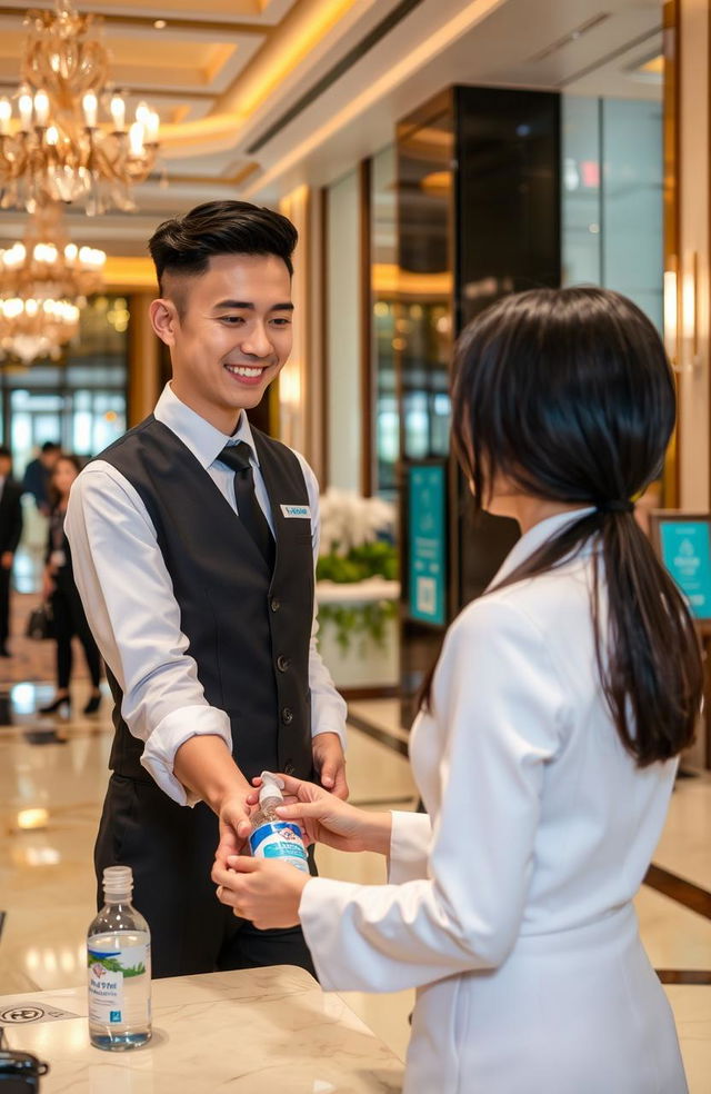 An informative scene depicting the importance of personal hygiene and grooming in a hotel setting, showcasing a well-dressed hotel staff member providing excellent customer service