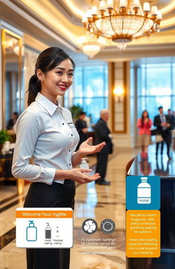 An informative scene depicting the importance of personal hygiene and grooming in a hotel setting, showcasing a well-dressed hotel staff member providing excellent customer service