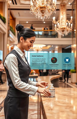 An informative scene depicting the importance of personal hygiene and grooming in a hotel setting, showcasing a well-dressed hotel staff member providing excellent customer service
