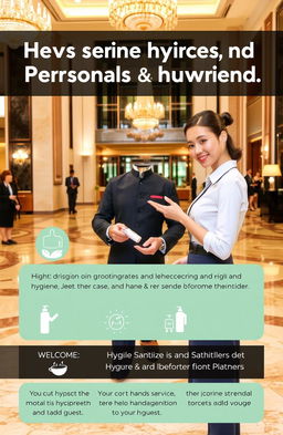 An informative scene depicting the importance of personal hygiene and grooming in a hotel setting, showcasing a well-dressed hotel staff member providing excellent customer service
