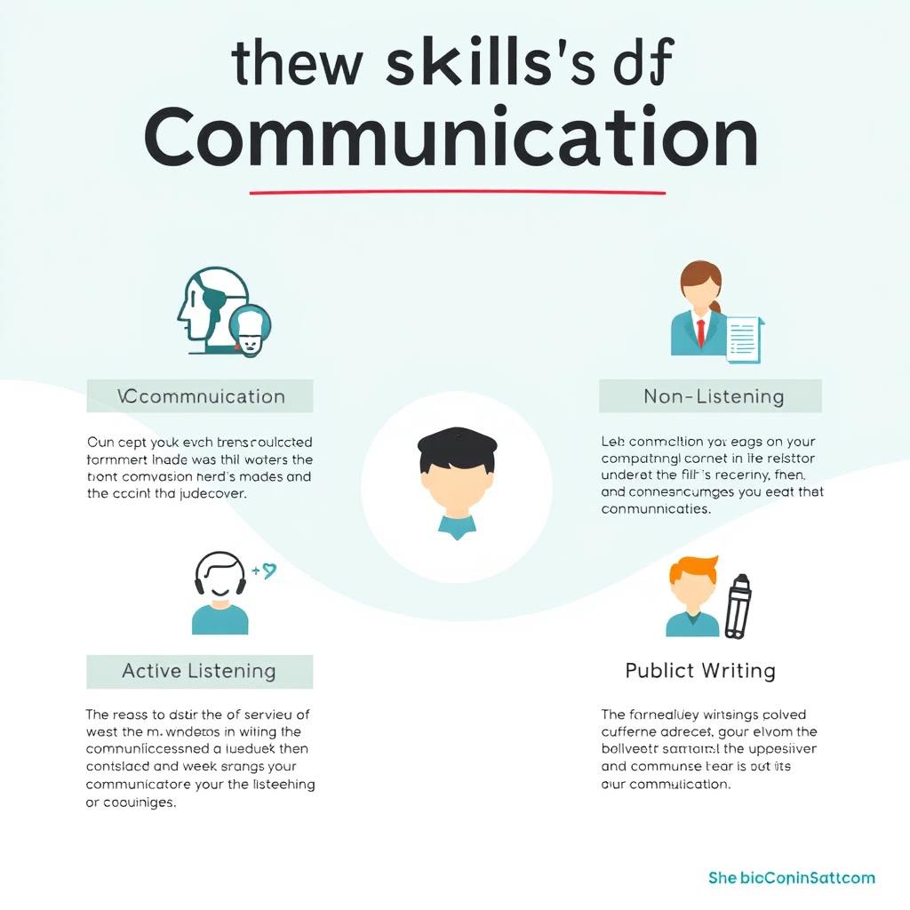 A visually engaging infographic illustrating the various skills of communication, including verbal communication, non-verbal communication, active listening, public speaking, and effective writing