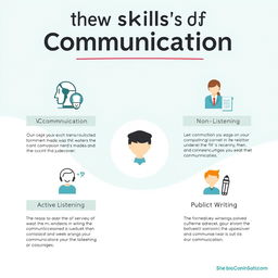 A visually engaging infographic illustrating the various skills of communication, including verbal communication, non-verbal communication, active listening, public speaking, and effective writing