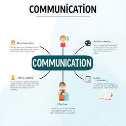 A visually engaging infographic illustrating the various skills of communication, including verbal communication, non-verbal communication, active listening, public speaking, and effective writing