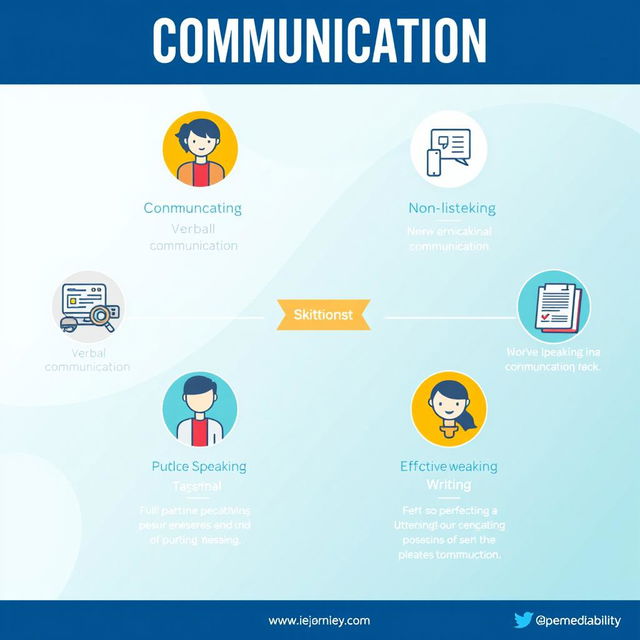 A visually engaging infographic illustrating the various skills of communication, including verbal communication, non-verbal communication, active listening, public speaking, and effective writing