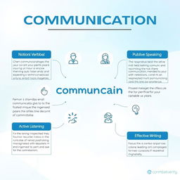 A visually engaging infographic illustrating the various skills of communication, including verbal communication, non-verbal communication, active listening, public speaking, and effective writing