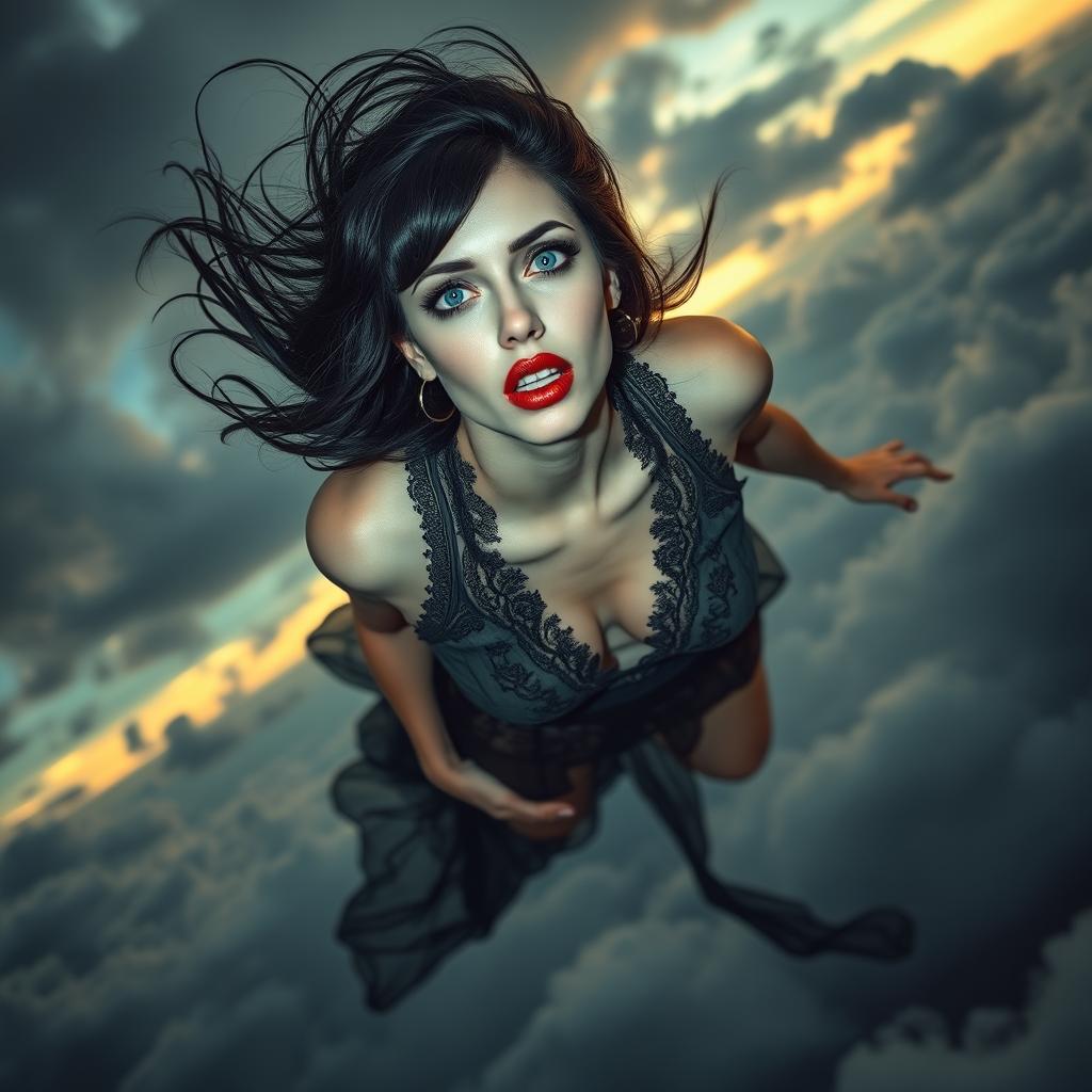 A beautiful, pale-skinned black-haired woman with striking blue eyes and bold red lips, falling gracefully from the sky