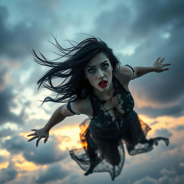 A beautiful, pale-skinned black-haired woman with striking blue eyes and bold red lips, falling gracefully from the sky