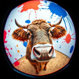 A surreal image of a cow curiously looking at the camera through a mirror, capturing its reflection in the glass