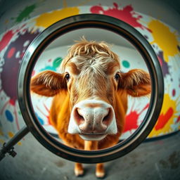 A surreal image of a cow curiously looking at the camera through a mirror, capturing its reflection in the glass