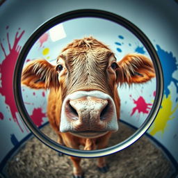 A surreal image of a cow curiously looking at the camera through a mirror, capturing its reflection in the glass