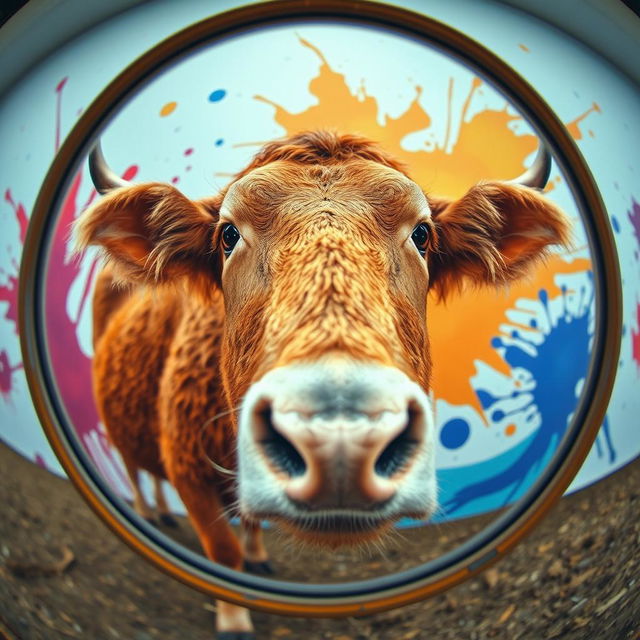 A surreal image of a cow curiously looking at the camera through a mirror, capturing its reflection in the glass