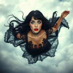 A beautiful, pale-skinned woman with striking black hair, wearing a revealing goth dress, adorned with intricate lace and dark embellishments
