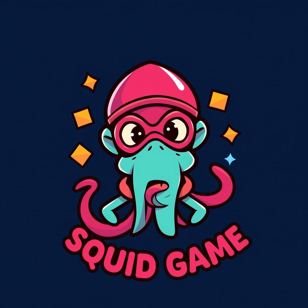 A vibrant and playful logo design featuring a cartoon-style character inspired by the Squid Game theme