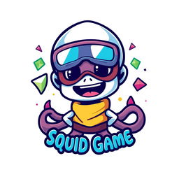 A vibrant and playful logo design featuring a cartoon-style character inspired by the Squid Game theme