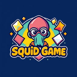 A vibrant and playful logo design featuring a cartoon-style character inspired by the Squid Game theme