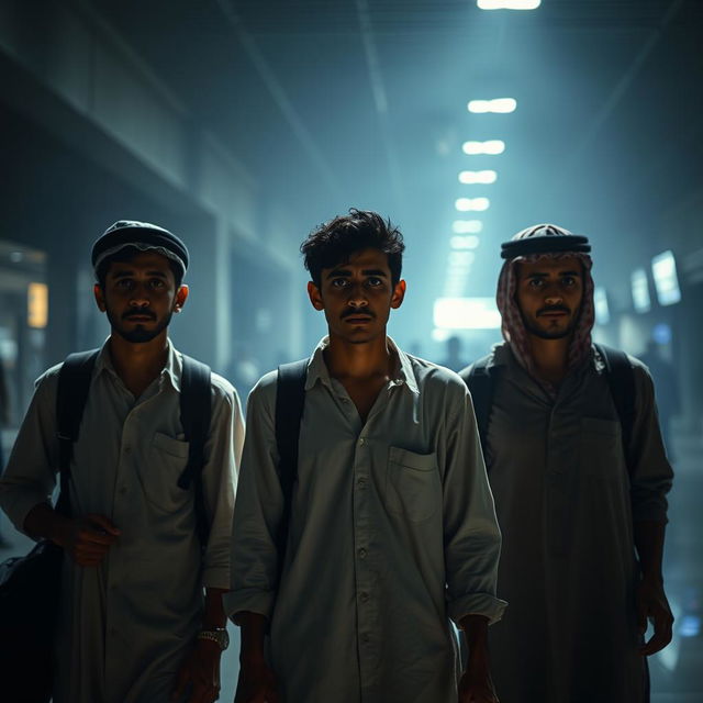 Three young Egyptian men, appearing impoverished and dressed in simple, casual clothing without traditional Arab attire, stand at an airport looking fearful and anxious