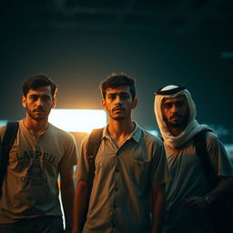 Three young Egyptian men, appearing impoverished and dressed in simple, casual clothing without traditional Arab attire, stand at an airport looking fearful and anxious