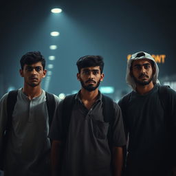 Three young Egyptian men, appearing impoverished and dressed in simple, casual clothing without traditional Arab attire, stand at an airport looking fearful and anxious