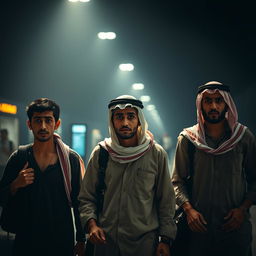 Three young Egyptian men, appearing impoverished and dressed in simple, casual clothing without traditional Arab attire, stand at an airport looking fearful and anxious