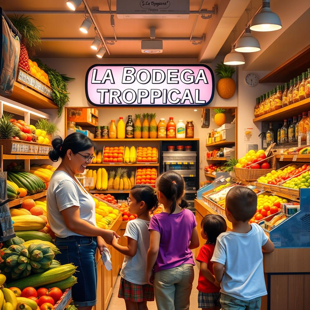 A woman with her children shopping in a small, modern city store named 'La Bodega Tropical'