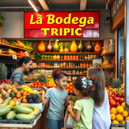 A woman with her children shopping in a small, modern city store named 'La Bodega Tropical'