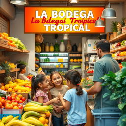 A woman with her children shopping in a small, modern city store named 'La Bodega Tropical'