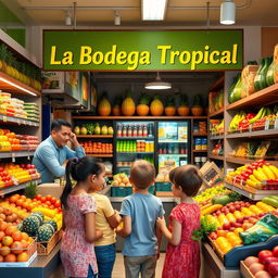 A woman with her children shopping in a small, modern city store named 'La Bodega Tropical'