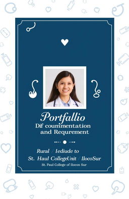 A formal and eye-catching cover template for a medical portfolio, featuring a beautiful design that incorporates medical motifs such as stethoscopes, medical symbols, and a subtle dark blue and white color scheme