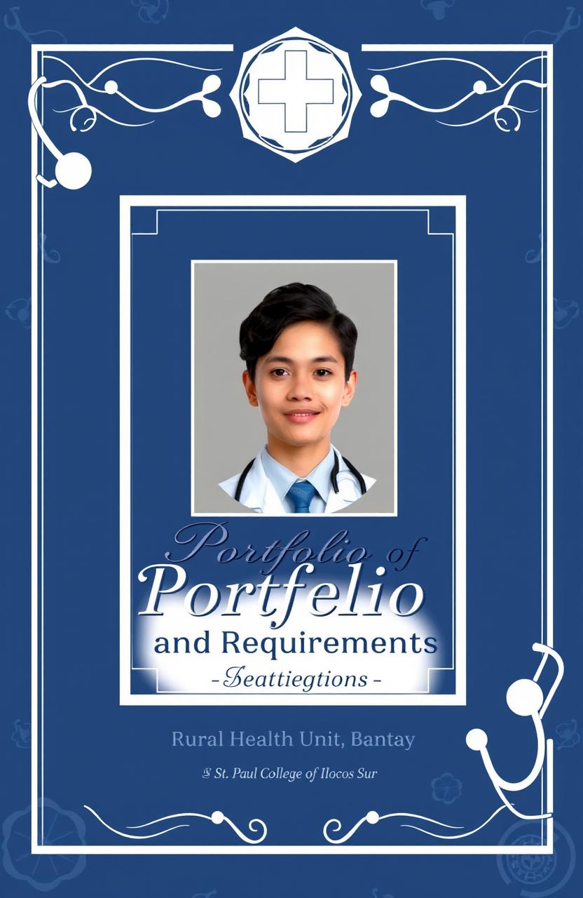 A formal and eye-catching cover template for a medical portfolio, featuring a beautiful design that incorporates medical motifs such as stethoscopes, medical symbols, and a subtle dark blue and white color scheme