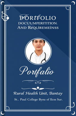 A formal and eye-catching cover template for a medical portfolio, featuring a beautiful design that incorporates medical motifs such as stethoscopes, medical symbols, and a subtle dark blue and white color scheme