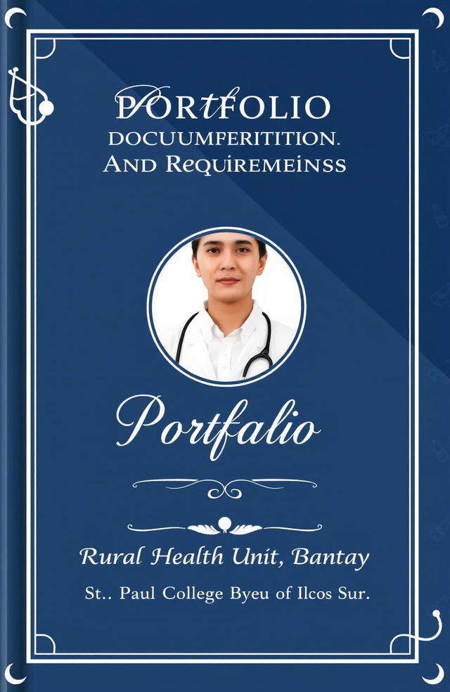 A formal and eye-catching cover template for a medical portfolio, featuring a beautiful design that incorporates medical motifs such as stethoscopes, medical symbols, and a subtle dark blue and white color scheme