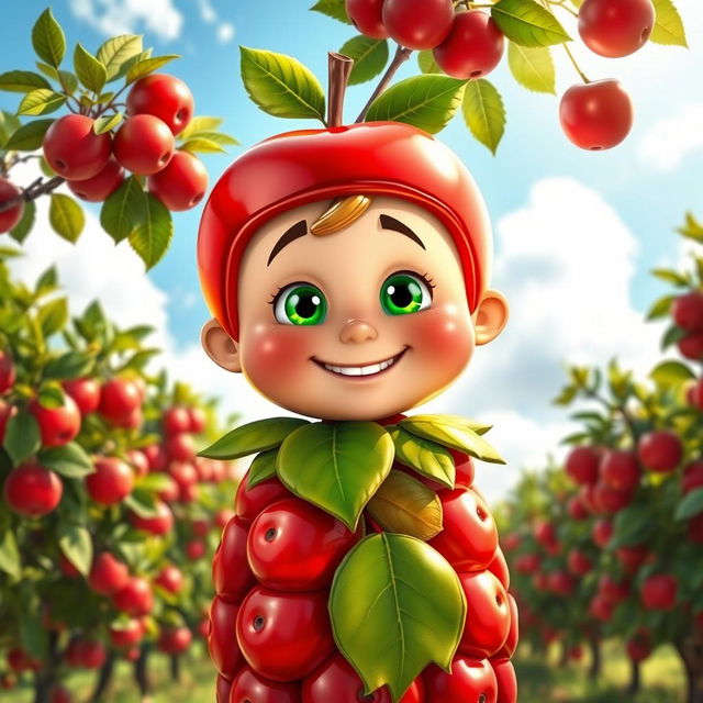 A whimsical character known as 'Apple Man,' sporting a vibrant costume made entirely of shiny red apples