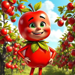 A whimsical character known as 'Apple Man,' sporting a vibrant costume made entirely of shiny red apples