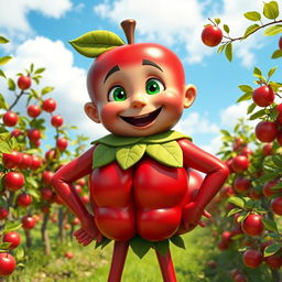 A whimsical character known as 'Apple Man,' sporting a vibrant costume made entirely of shiny red apples