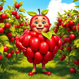 A whimsical character known as 'Apple Man,' sporting a vibrant costume made entirely of shiny red apples