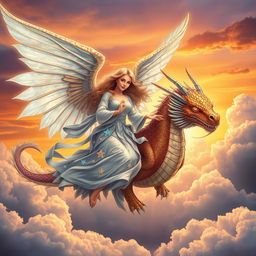 A stunning angel with magnificent, shimmering wings flying gracefully alongside a majestic dragon