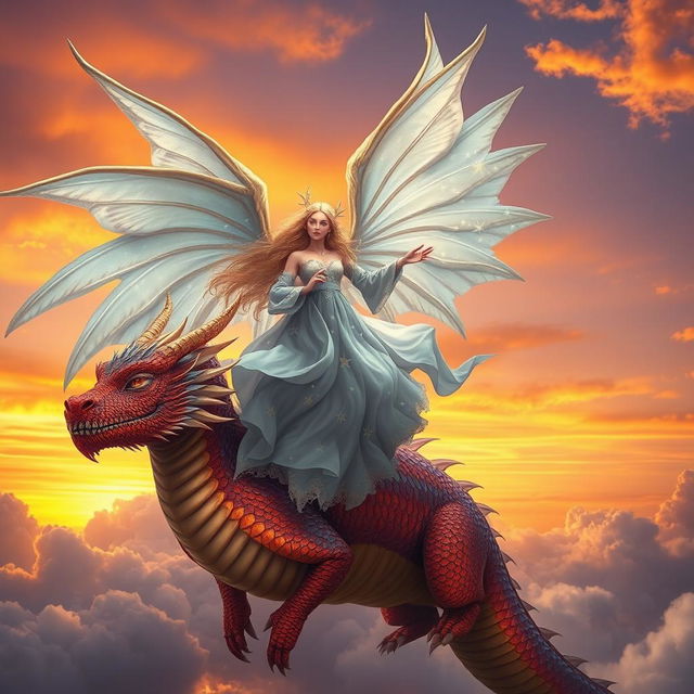 A stunning angel with magnificent, shimmering wings flying gracefully alongside a majestic dragon