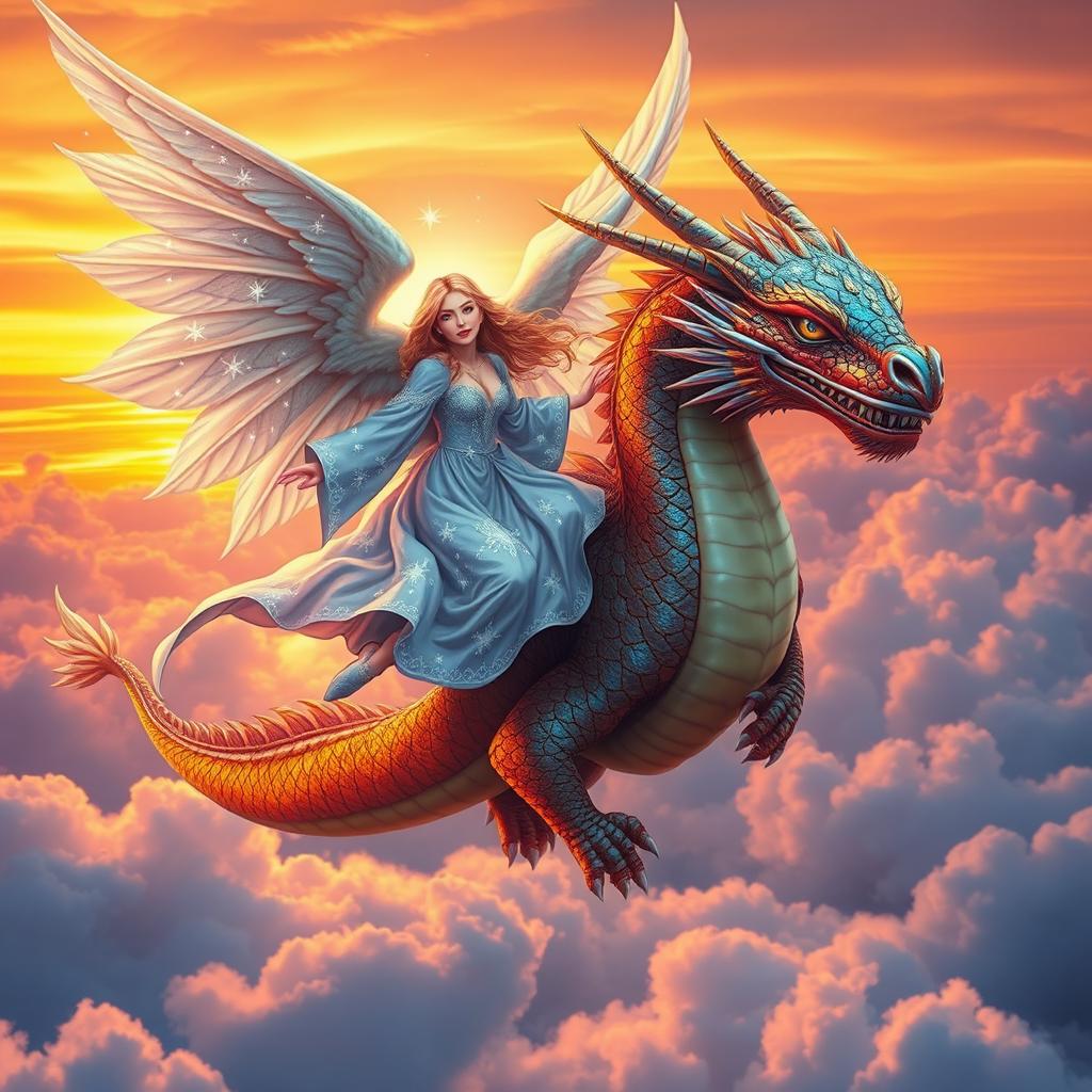 A stunning angel with magnificent, shimmering wings flying gracefully alongside a majestic dragon