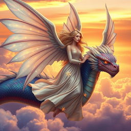 A stunning angel with magnificent, shimmering wings flying gracefully alongside a majestic dragon