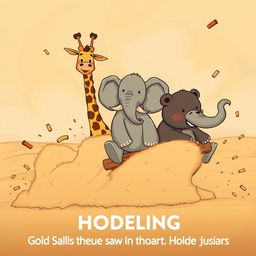A whimsical scene depicting various zoo animals like a giraffe, elephant, and bear calmly riding a dust storm, looking completely unfazed