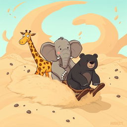 A whimsical scene depicting various zoo animals like a giraffe, elephant, and bear calmly riding a dust storm, looking completely unfazed