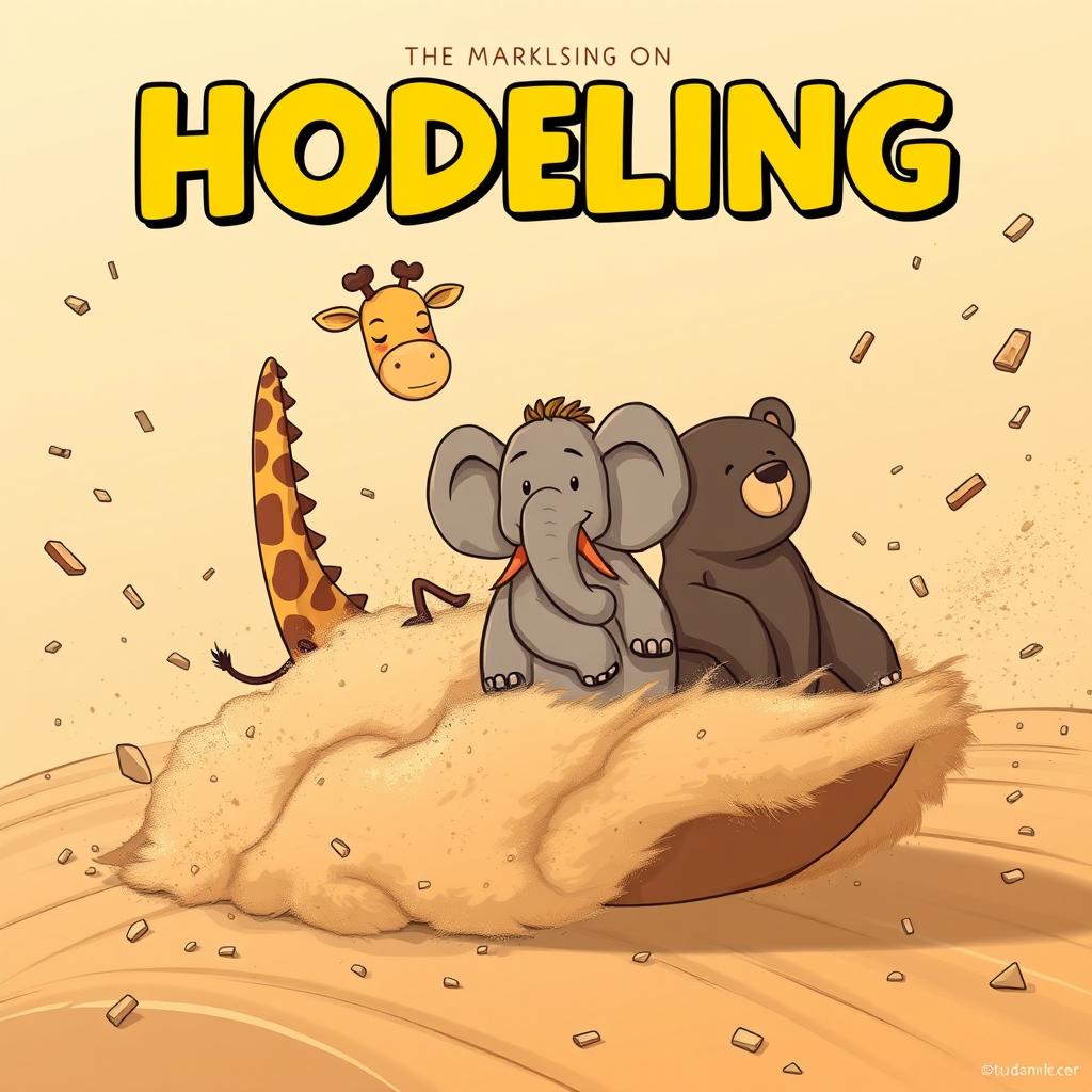 A whimsical scene depicting various zoo animals like a giraffe, elephant, and bear calmly riding a dust storm, looking completely unfazed