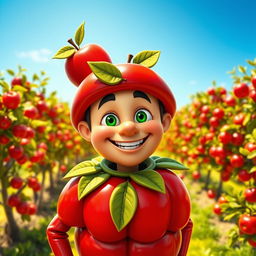An imaginative character called 'Apple Man,' who is adorned in a whimsical costume made of glossy red apples