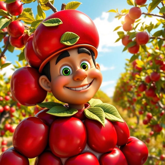 An imaginative character called 'Apple Man,' who is adorned in a whimsical costume made of glossy red apples