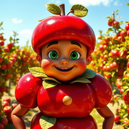 An imaginative character called 'Apple Man,' who is adorned in a whimsical costume made of glossy red apples