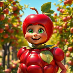 An imaginative character called 'Apple Man,' who is adorned in a whimsical costume made of glossy red apples