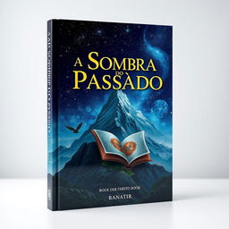 A stunning book cover for 'A Sombra do Passado', featuring a beautifully illustrated fantasy book prominently displayed