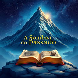 A stunning book cover for 'A Sombra do Passado', featuring a beautifully illustrated fantasy book prominently displayed